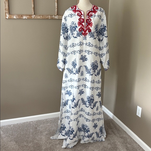 New Sachin + Babi Alyssa Caftan Indigo/Ivory Beaded Red Garland Size L - Picture 16 of 16